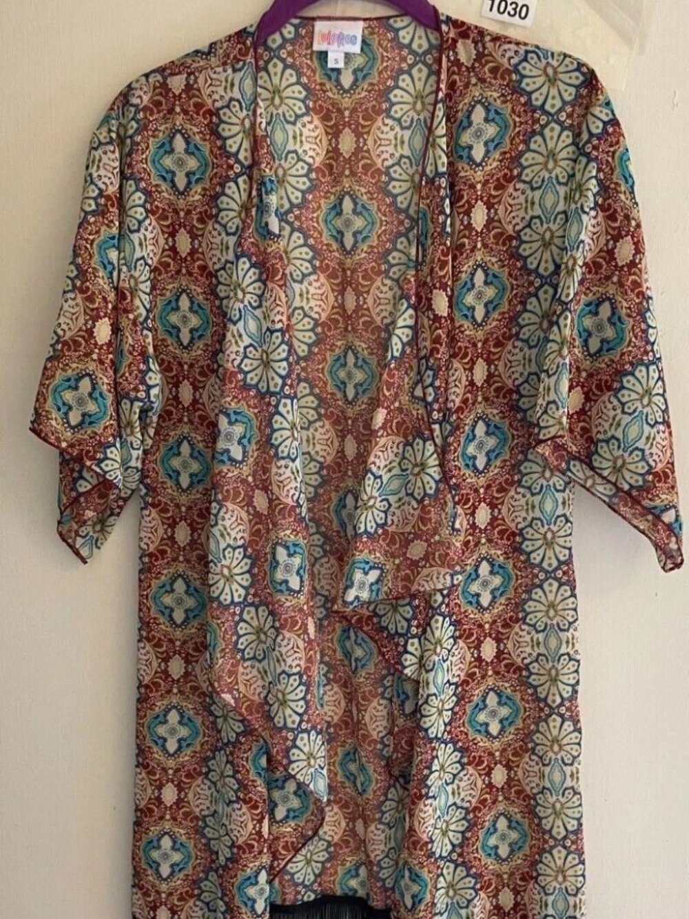 LuLaRoe Monroe Small Kimono Womens Burgundy Teal Boho Geometric Sheer Fringe